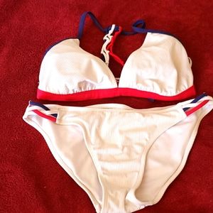 White Bikini with Blue and Red on strap Size L